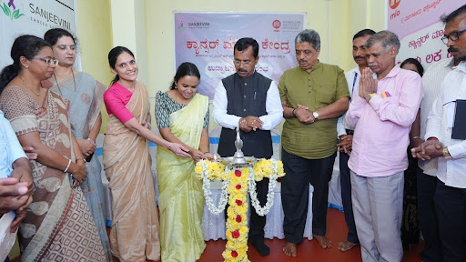 The Cancer Information Centre in Koppa is inaugurated with a traditional lamp lighting ceremony, led by Sri Sudhakar S. Shetty, Dr. Ganavi, and M.I.O. representatives, marking a new chapter in rural cancer awareness for the region.