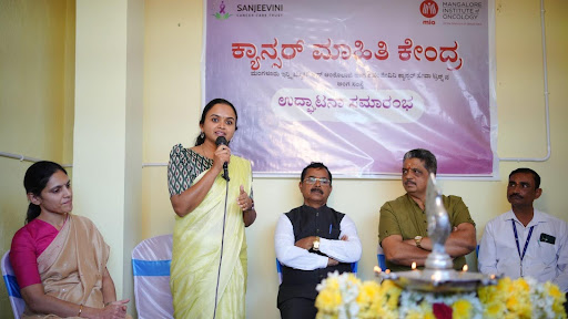 Dr. Ganavi, Senior Dental Health Officer, Koppa, speaks at the inauguration of M.I.O.'s Cancer Information Centre, stressing that closing the knowledge gap on early warning signs is as critical as the treatment itself.