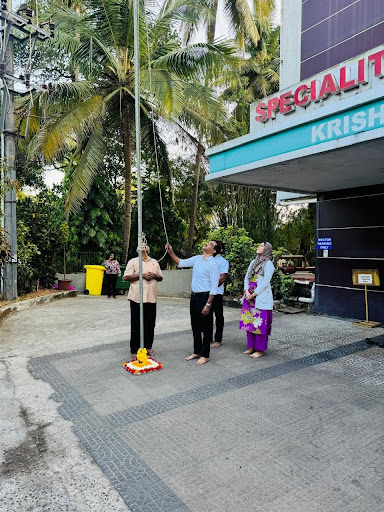 Mr. Jayanth, Billing Incharge at M.I.O. Karangalpady, unfurls the national flag outside the hospital on the 77th Republic Day.
